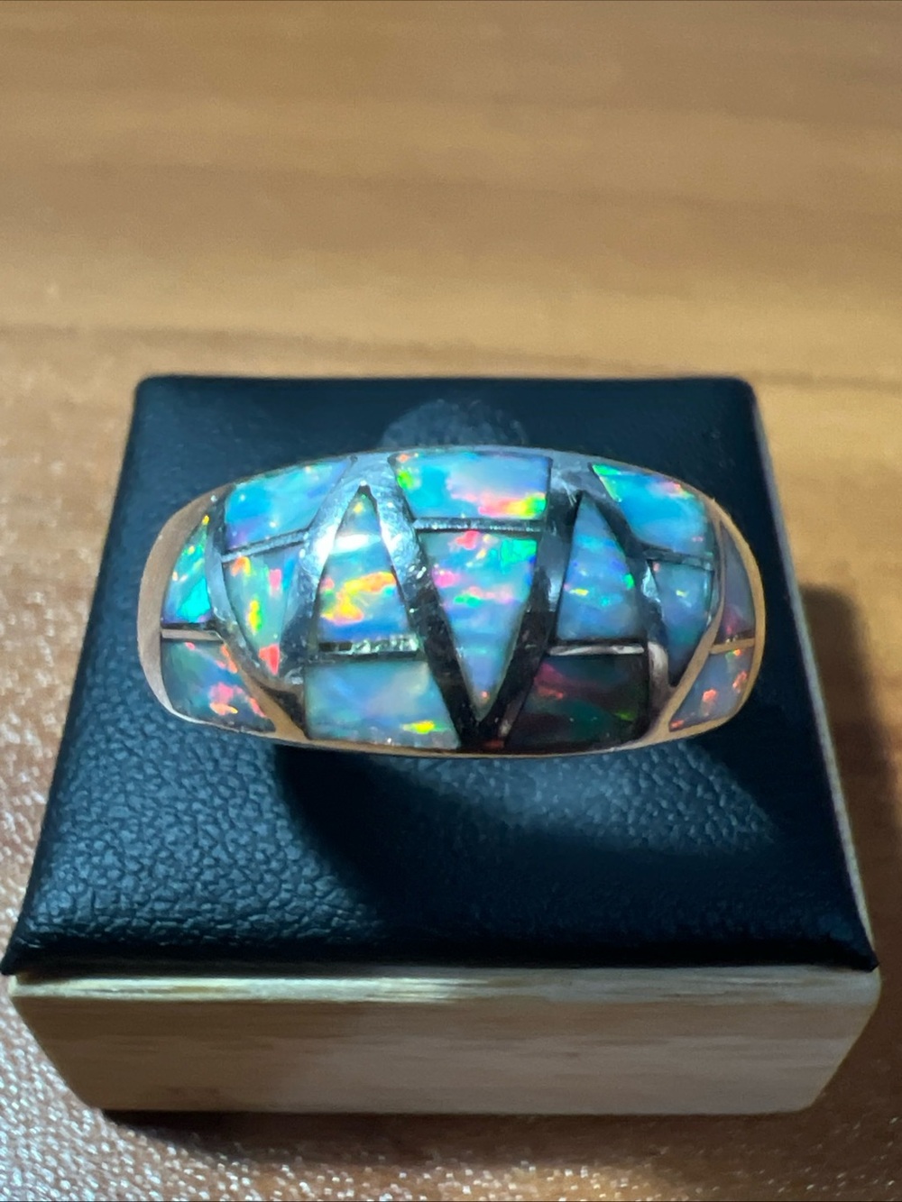 White Fire Opal Geometric Pattern Inlay Sterling Silver Ring Band Size 10